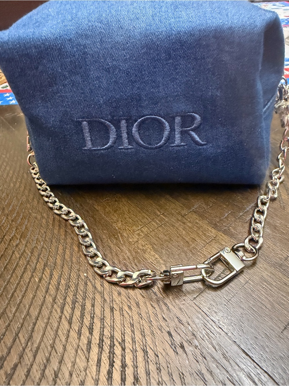 Dior Blue Embroidered Logo Toiletry Pouch with Silver Chain